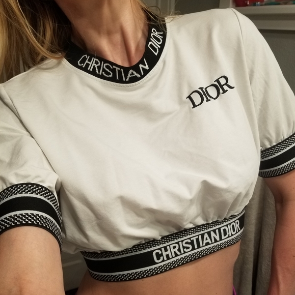 Christian Dior Cropped top White Blue Logo on Neck and at Bottom of shirt - Picture 1 of 14